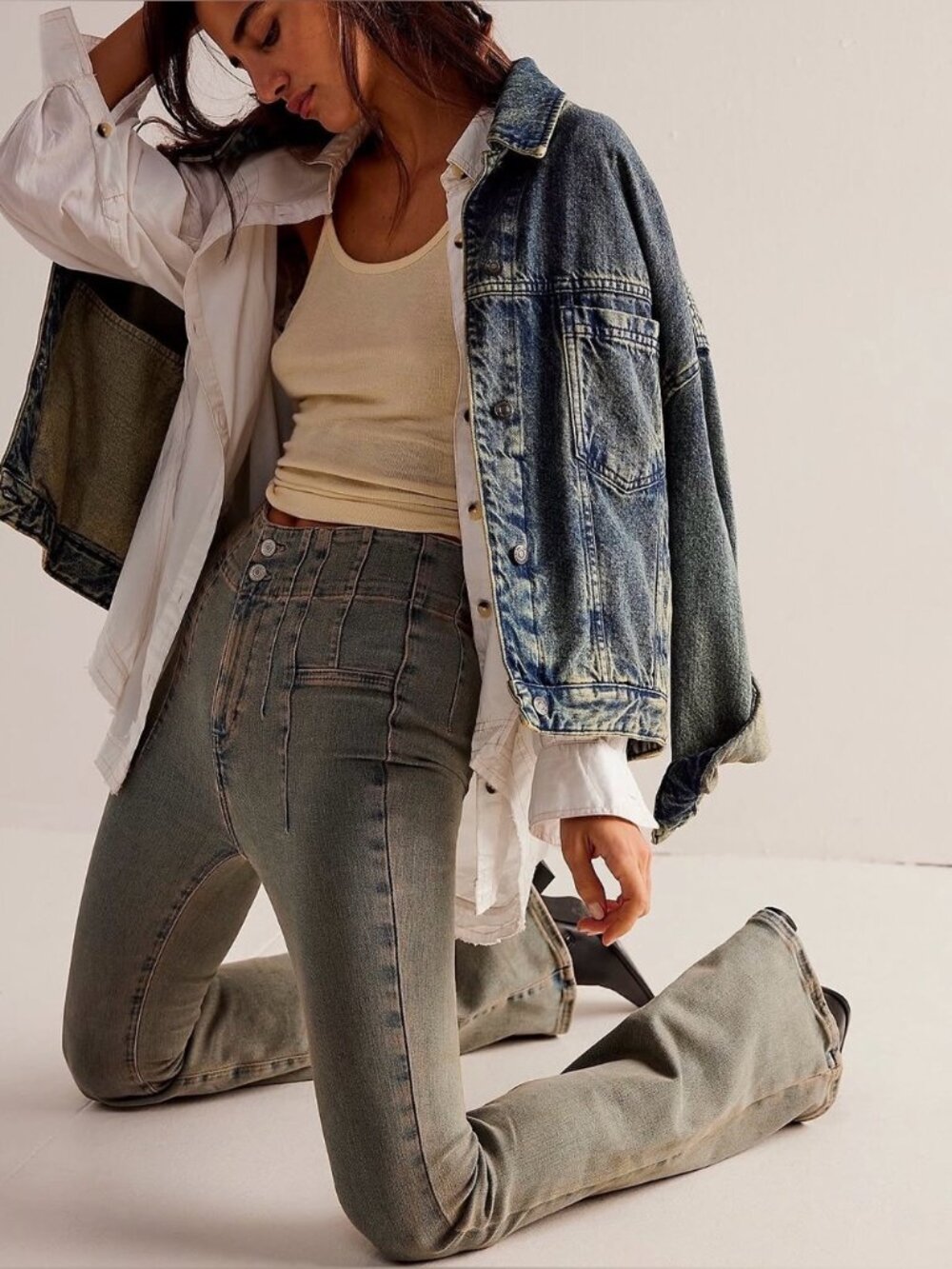 Free People We The Free Jayde Flare Jeans Blue Tan Wash Size 29